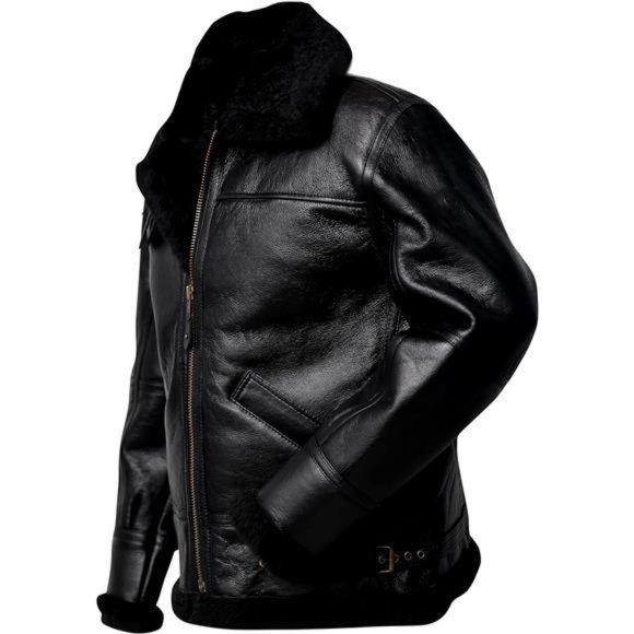Men B3 Bomber Aviator Shearling Sheepskin Leather Winter Jacket, Black - Picture 3 of 6